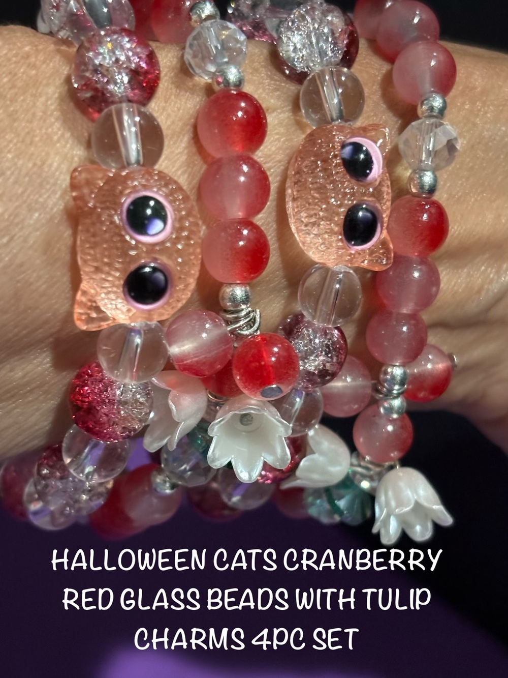 Halloween Cranberry Glass Pink Cat Bead Bracelets & Tulip Flowers Charms